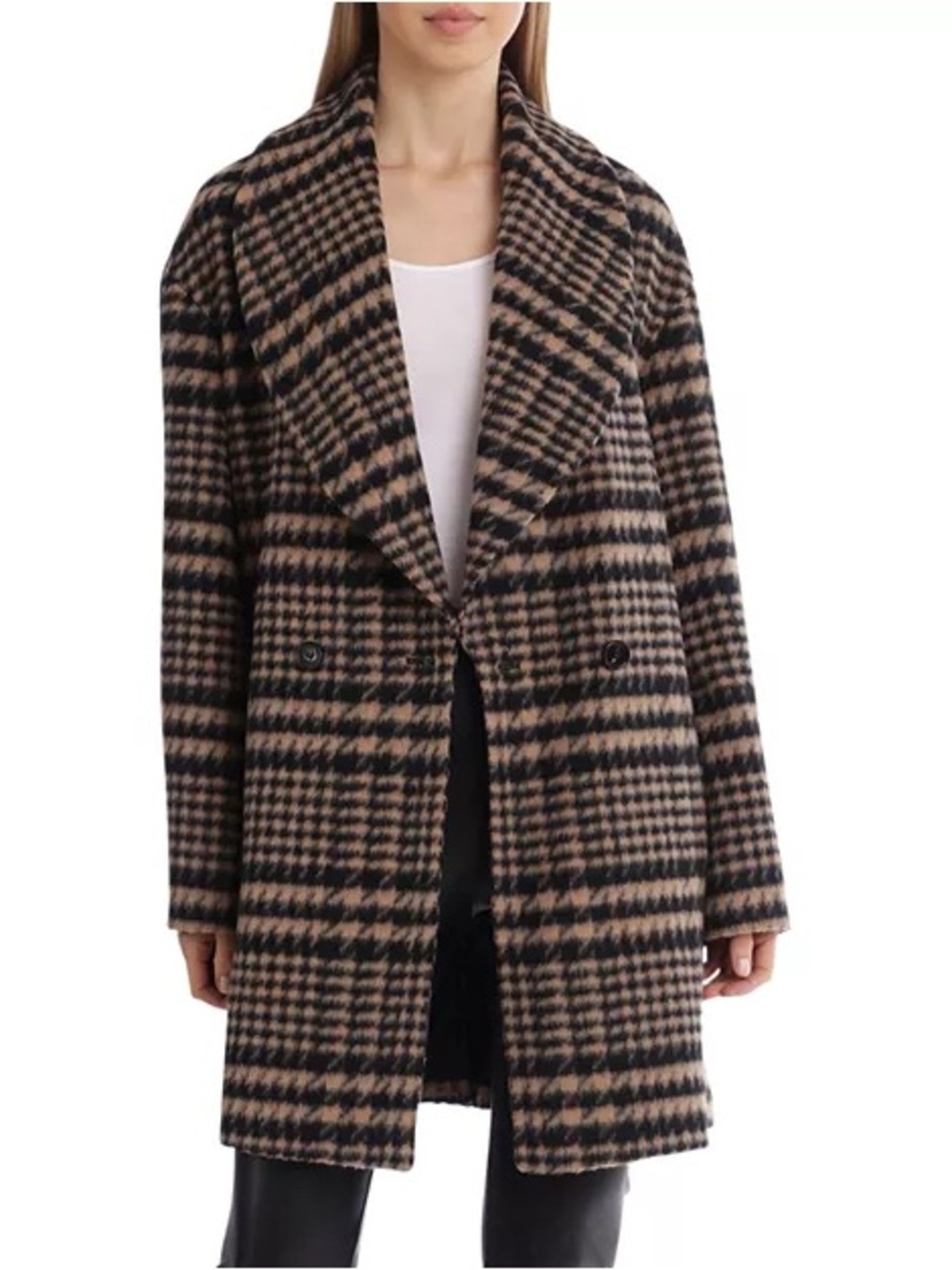 Bagatelle Collection Plaid Wool Blend Coat Womens Small Tan‎ Black